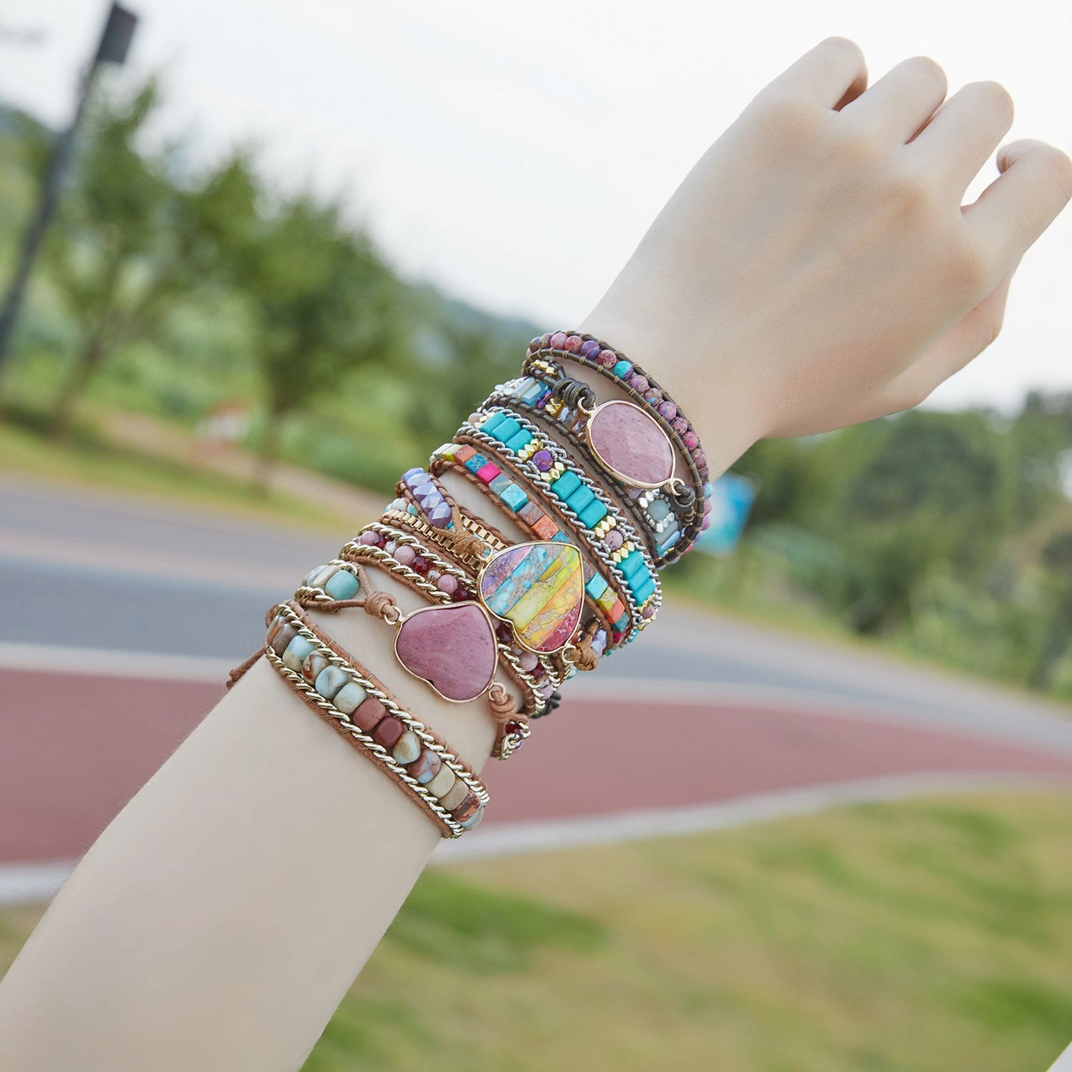 Wholesale Love Leather Colorful Stone Metal Wrapped Bracelets