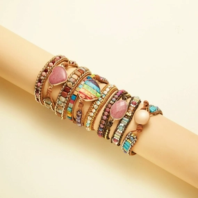Wholesale Love Leather Colorful Stone Metal Wrapped Bracelets