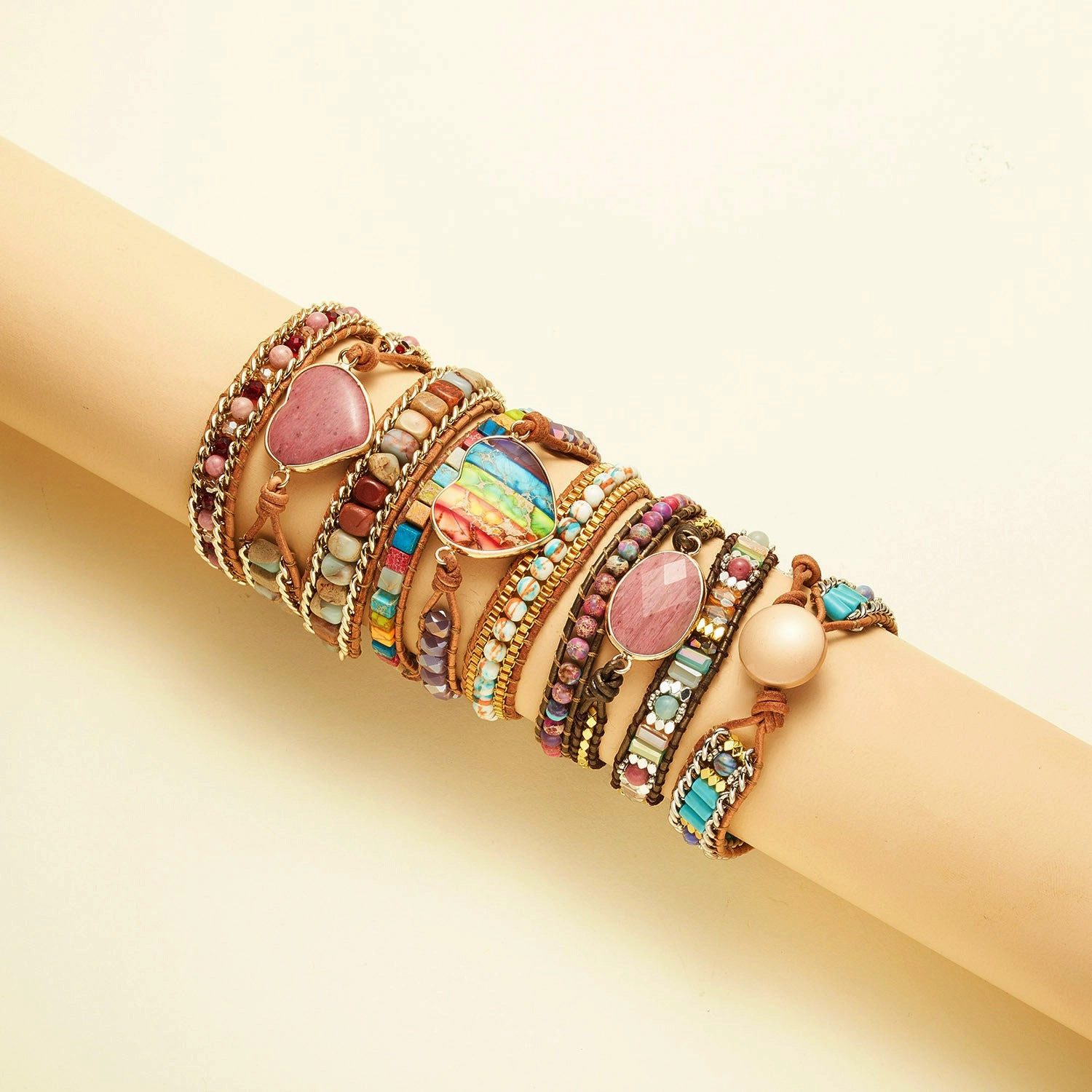 Wholesale Love Leather Colorful Stone Metal Wrapped Bracelets