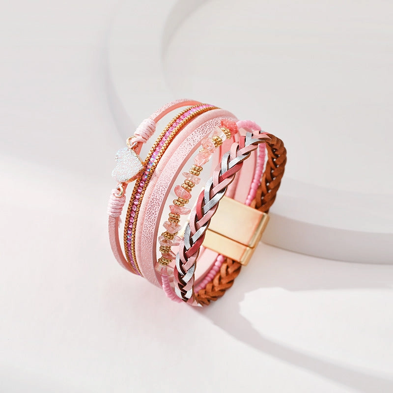 Wholesale Love Retro Hand-woven Leather Multi-layer Diamond-encrusted Ethnic Style Gravel Bracelet