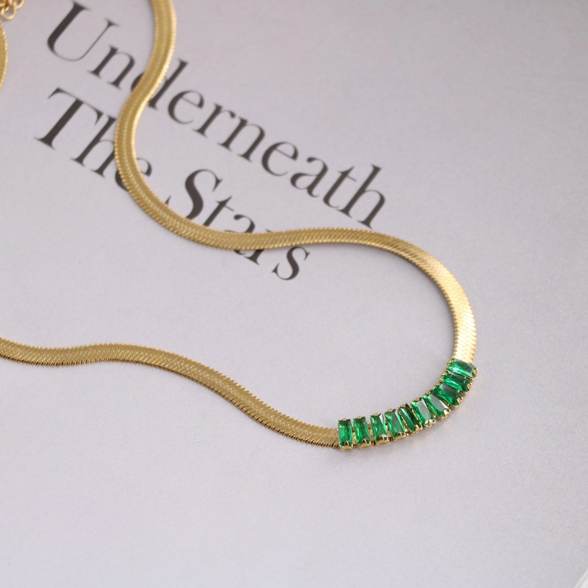 Wholesale Malachite Green Zircon Blade Chain Titanium Steel Necklaces