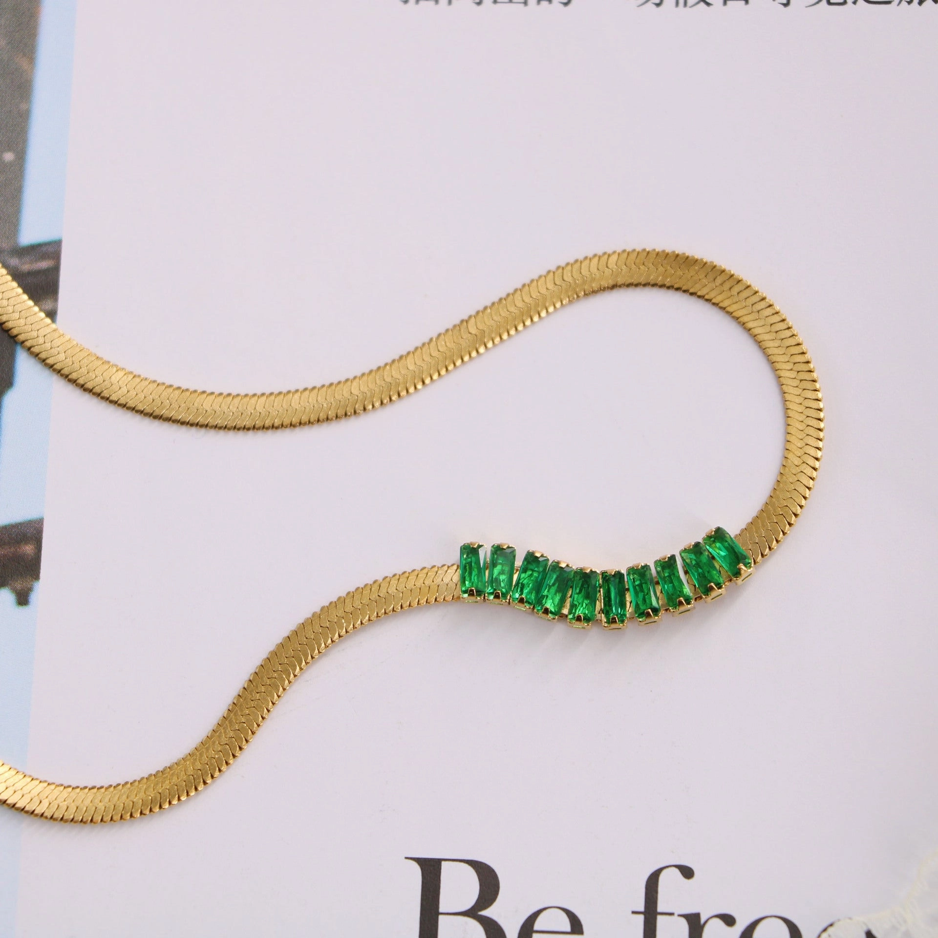 Wholesale Malachite Green Zircon Blade Chain Titanium Steel Necklaces
