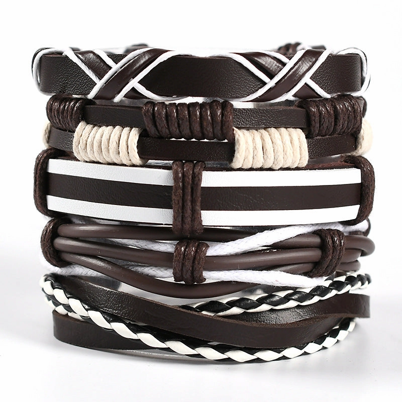 Wholesale Men's Braided Leather Bracelet Multi-layer Set Skull Bracelet
