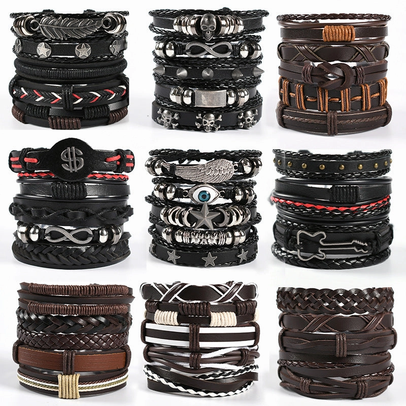 Wholesale Men's Braided Leather Bracelet Multi-layer Set Skull Bracelet