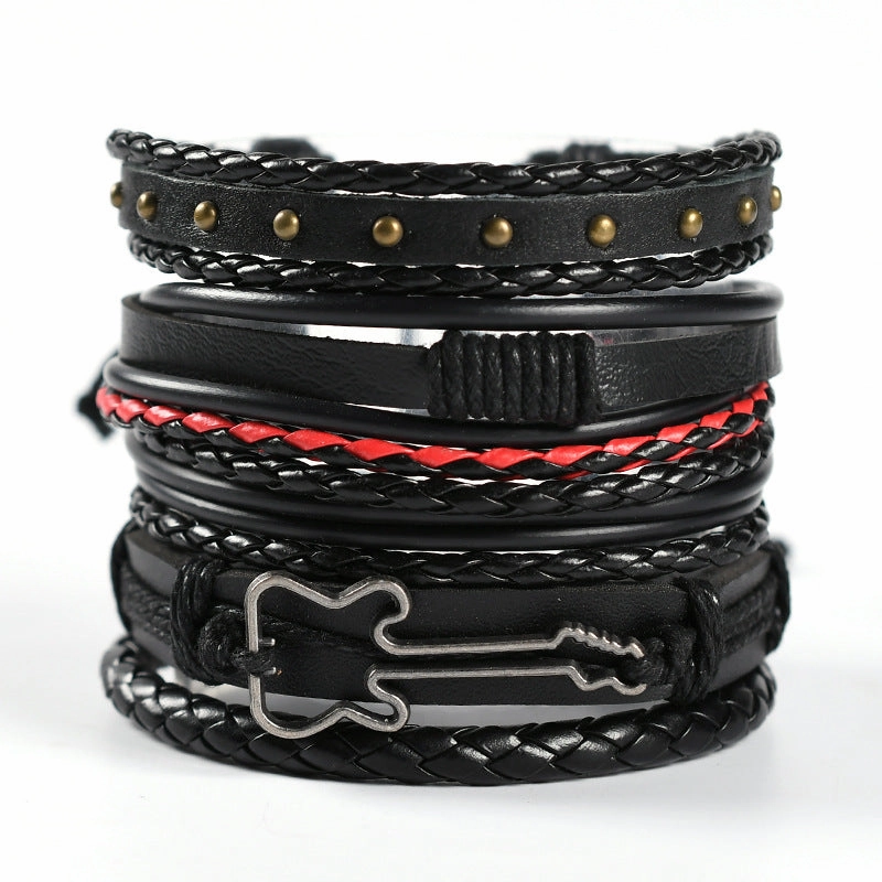 Wholesale Men's Braided Leather Bracelet Multi-layer Set Skull Bracelet