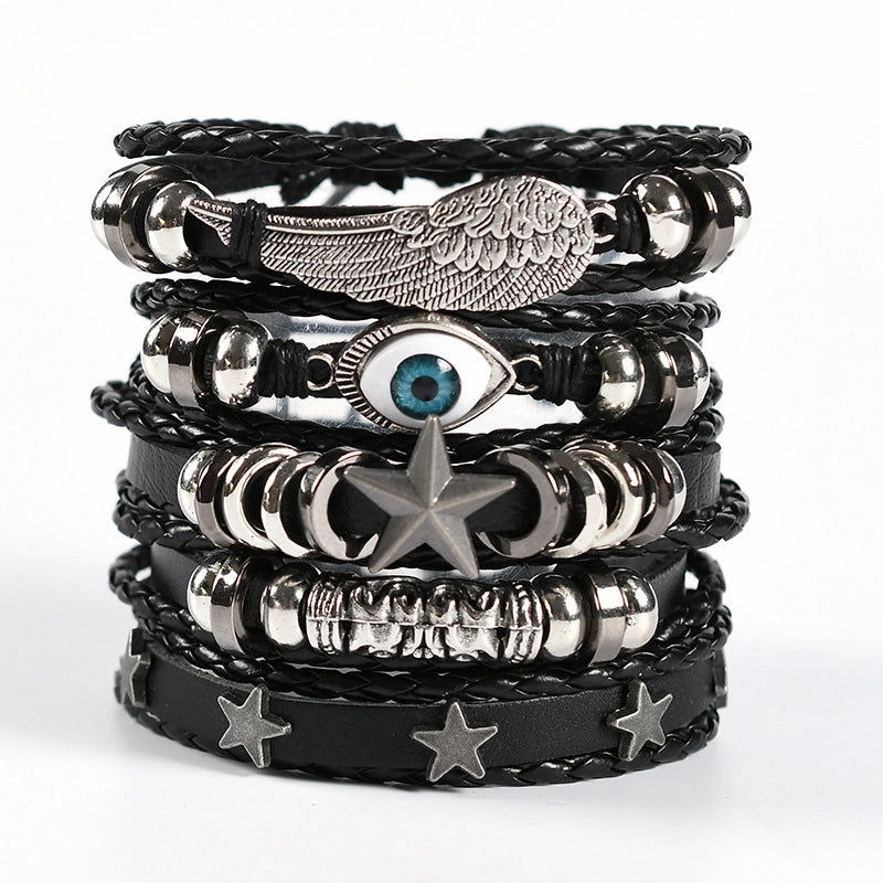 Wholesale Men's Braided Leather Bracelet Multi-layer Set Skull Bracelet