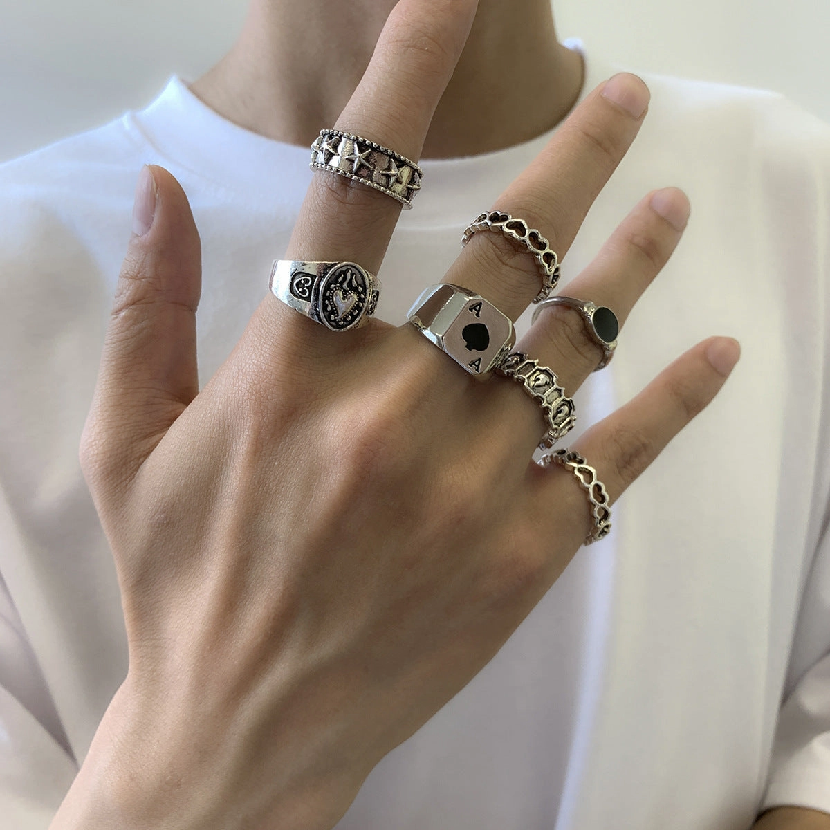 Wholesale Men's metal ring set geometric hollow oil drop ring set ring combination