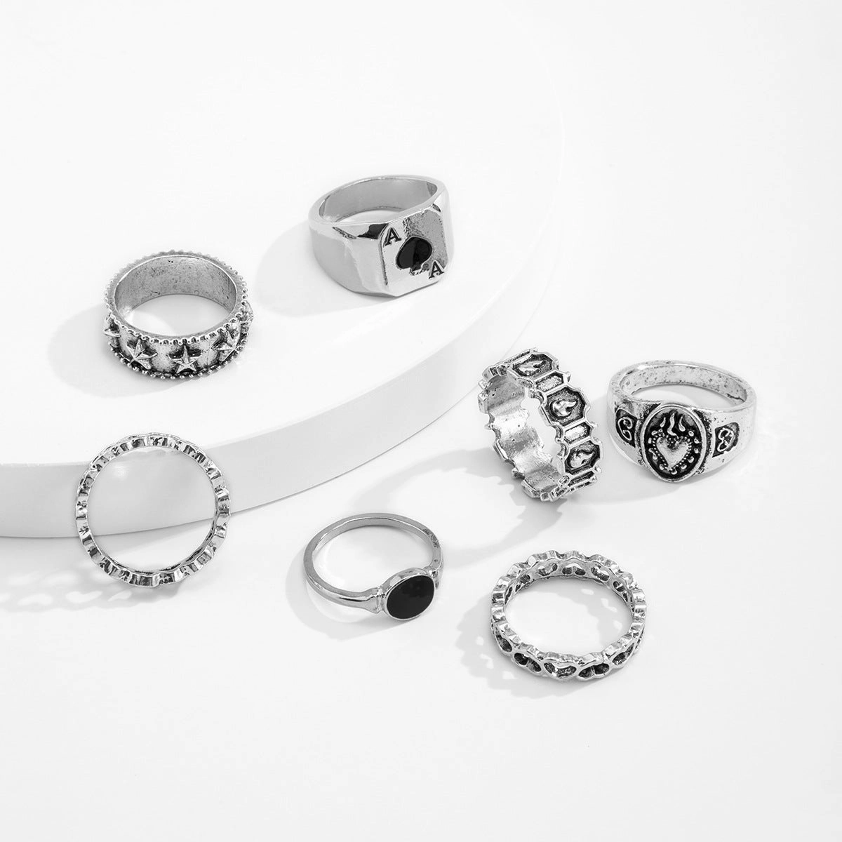 Wholesale Men's metal ring set geometric hollow oil drop ring set ring combination