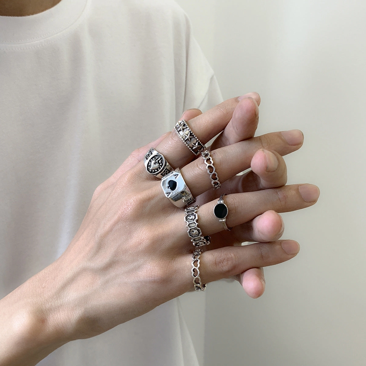 Wholesale Men's metal ring set geometric hollow oil drop ring set ring combination