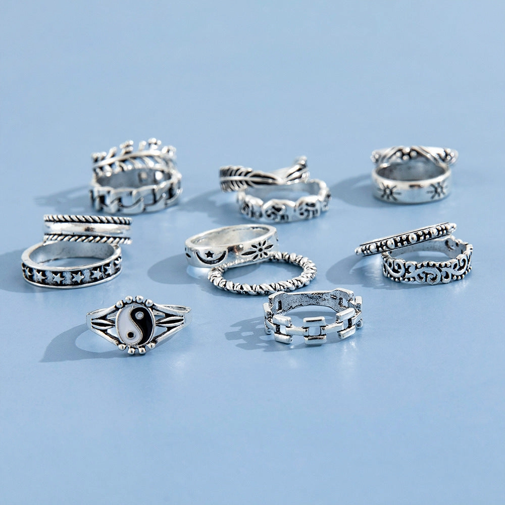 Wholesale Metal Yin Yang Embossed Elephant Geometric Ring Set of Fourteen Pieces