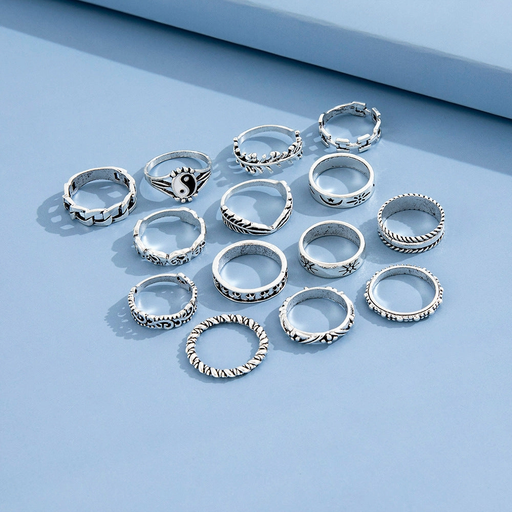 Wholesale Metal Yin Yang Embossed Elephant Geometric Ring Set of Fourteen Pieces