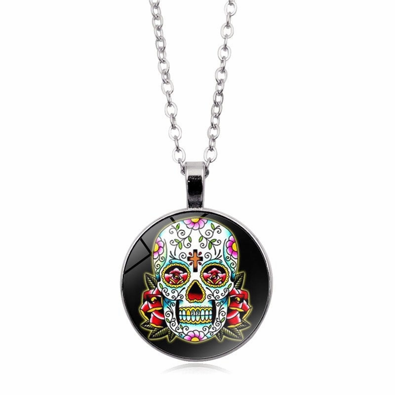 Wholesale Mexican Sugar Skull Time Gemstone Pendant Alloy Necklaces