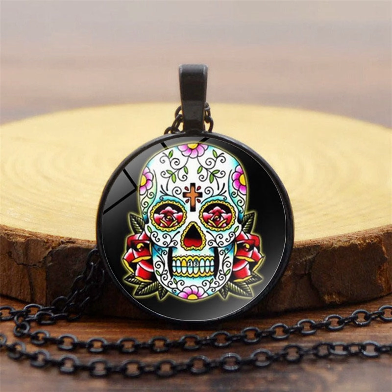 Wholesale Mexican Sugar Skull Time Gemstone Pendant Alloy Necklaces