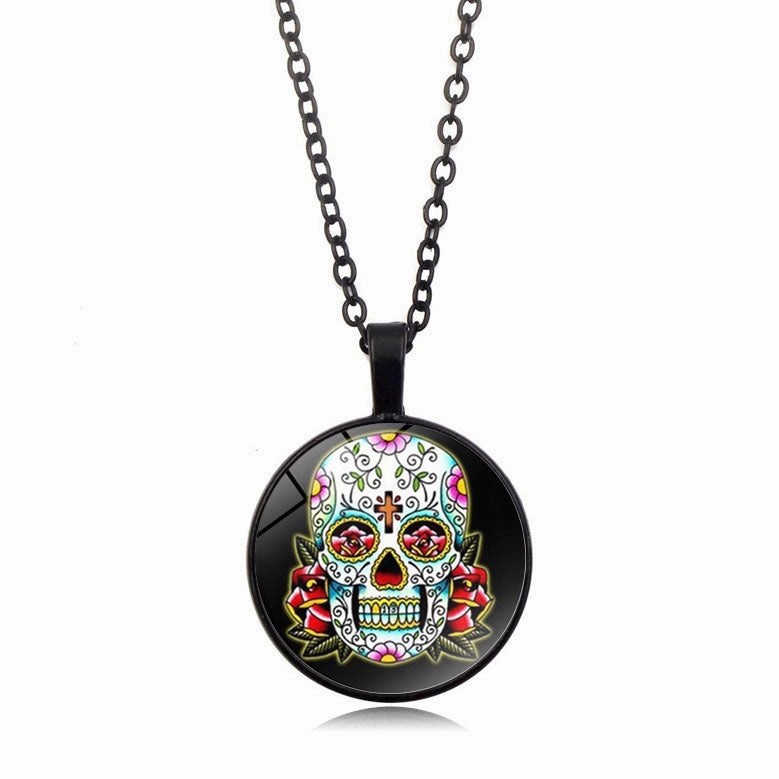 Wholesale Mexican Sugar Skull Time Gemstone Pendant Alloy Necklaces