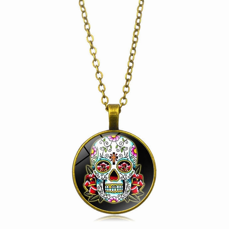 Wholesale Mexican Sugar Skull Time Gemstone Pendant Alloy Necklaces
