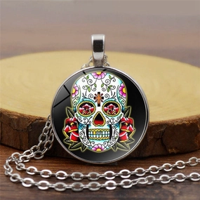 Wholesale Mexican Sugar Skull Time Gemstone Pendant Alloy Necklaces