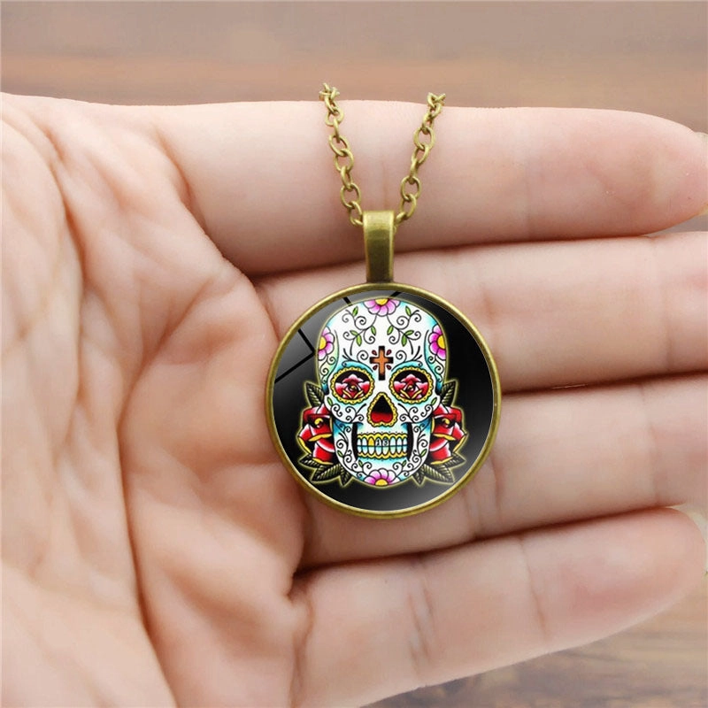 Wholesale Mexican Sugar Skull Time Gemstone Pendant Alloy Necklaces