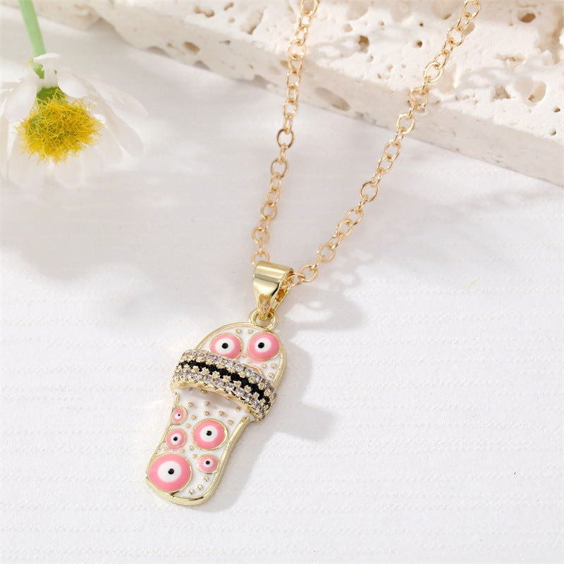 Wholesale Micro Paved Color Zircon Oil Drip Slipper Pendant Alloy Necklaces