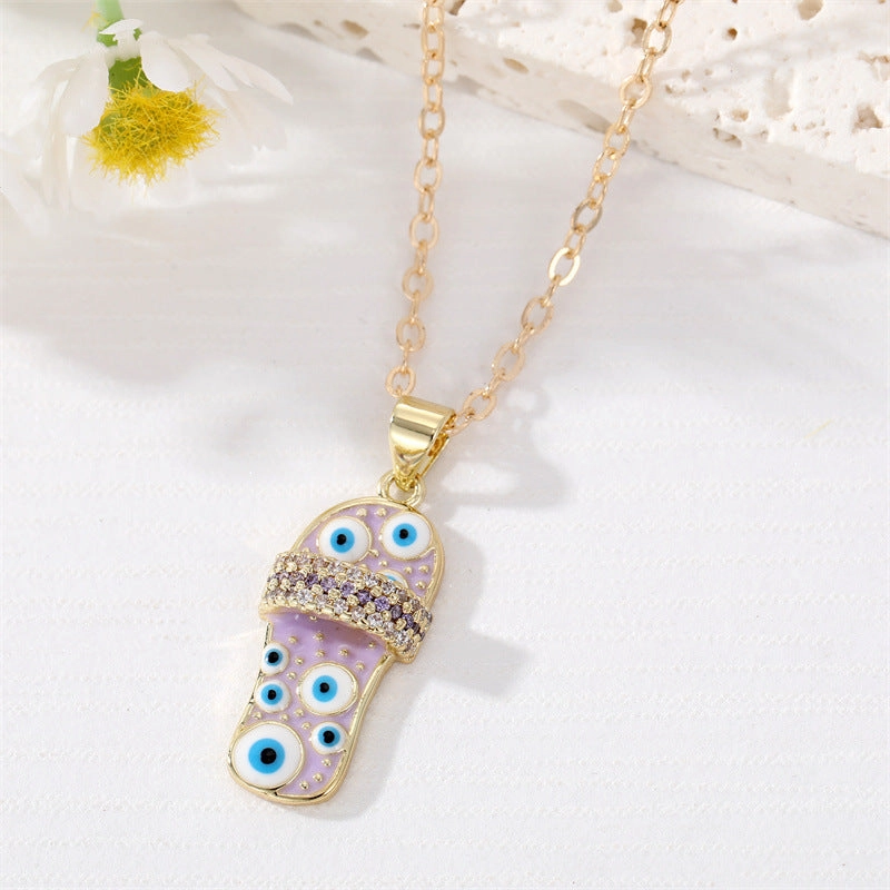 Wholesale Micro Paved Color Zircon Oil Drip Slipper Pendant Alloy Necklaces