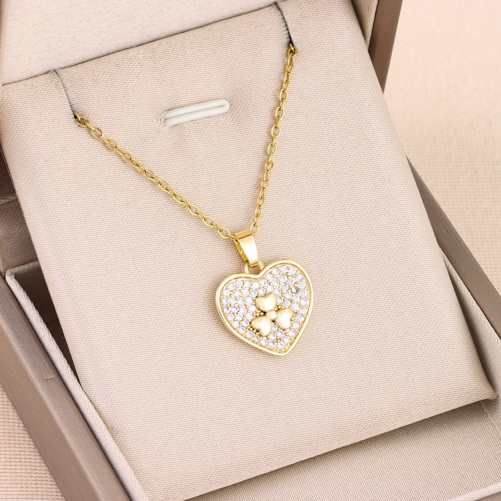 Wholesale Micro Paved Diamond Heart Titanium Steel Necklaces
