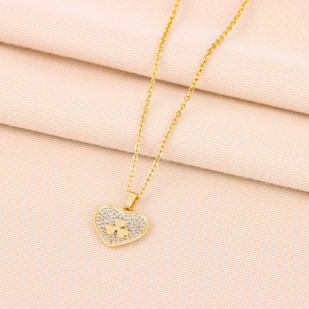 Wholesale Micro Paved Diamond Heart Titanium Steel Necklaces