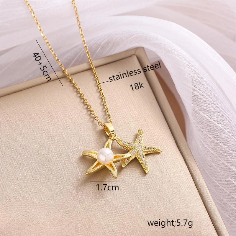 Wholesale Micro Studded Zircon Star Pearl Titanium Steel Necklace Clavicle Chain