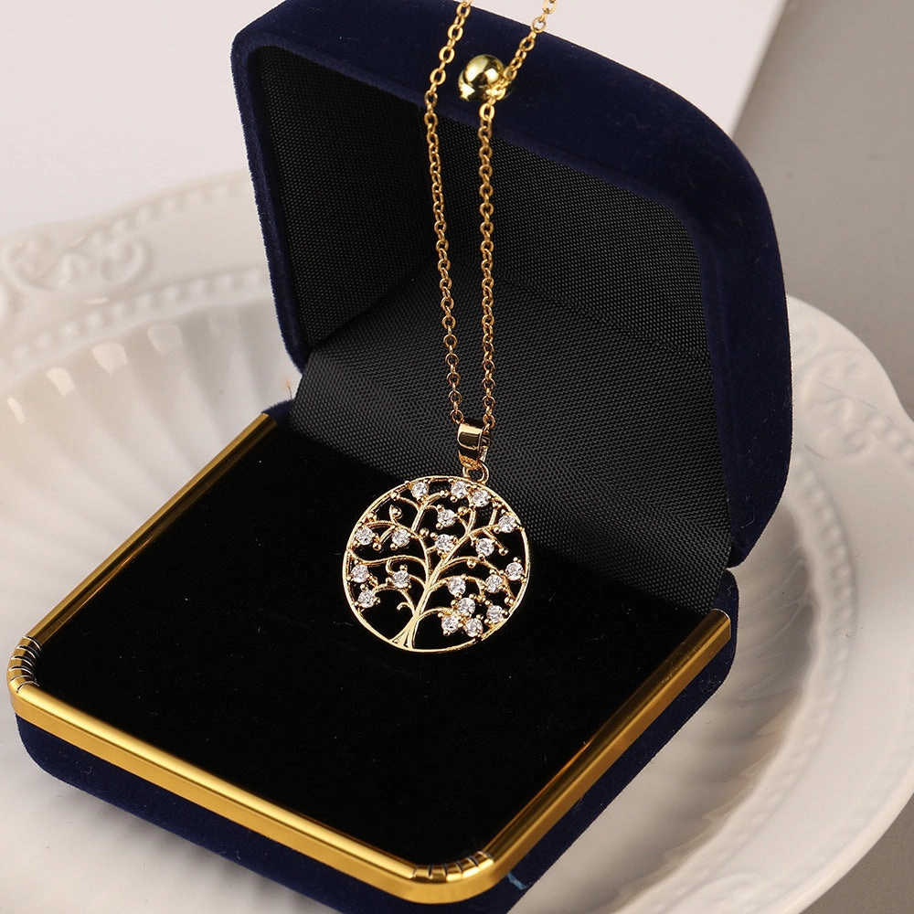 Wholesale Micropaved Zircon Tree of Life Hollow Pendant Necklaces