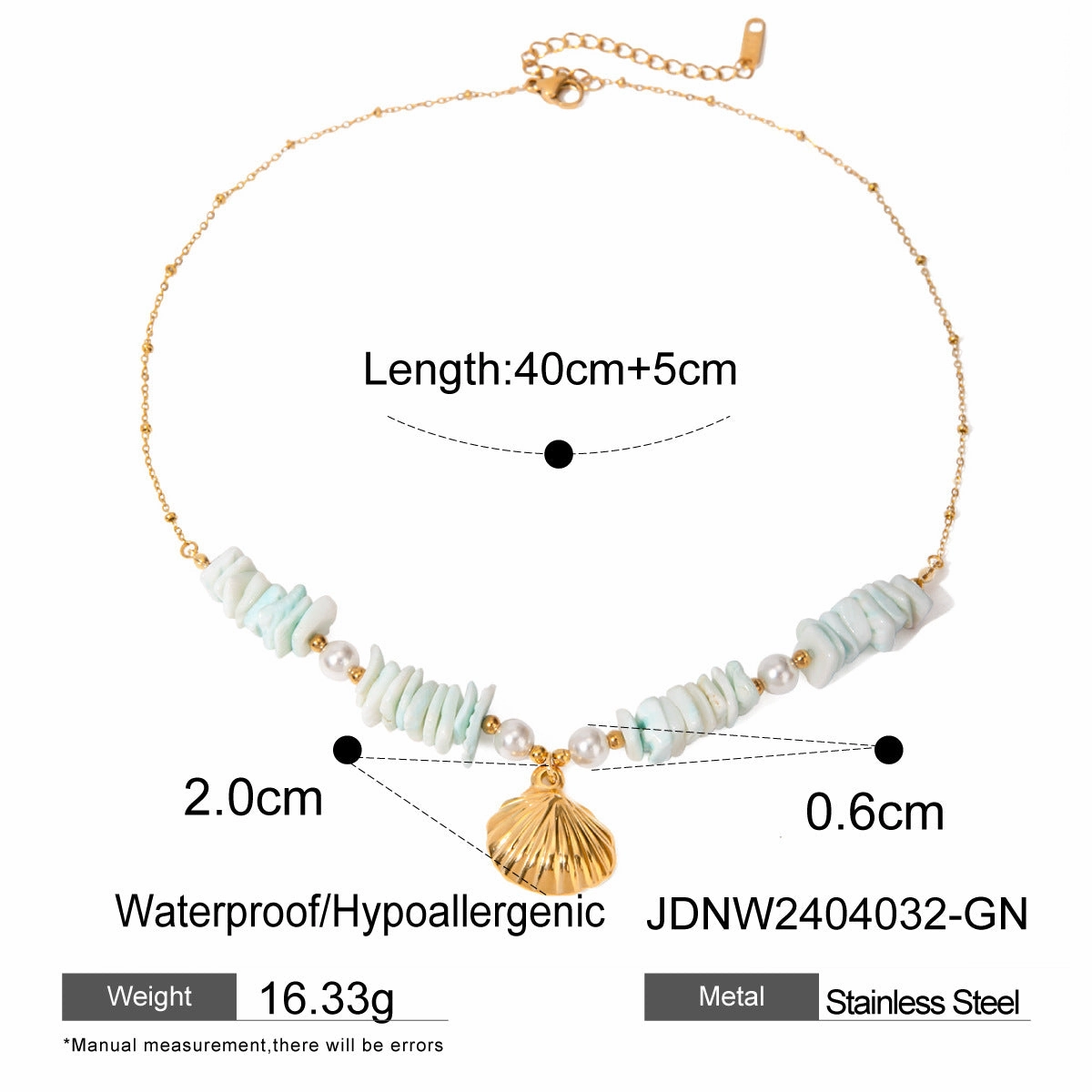 Wholesale Mint Green Pearl Shell 18k Stainless Steel Necklace