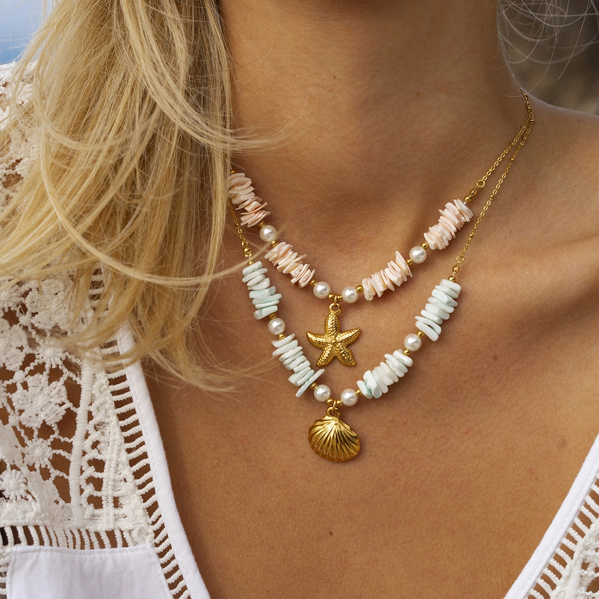Wholesale Mint Green Pearl Shell 18k Stainless Steel Necklace