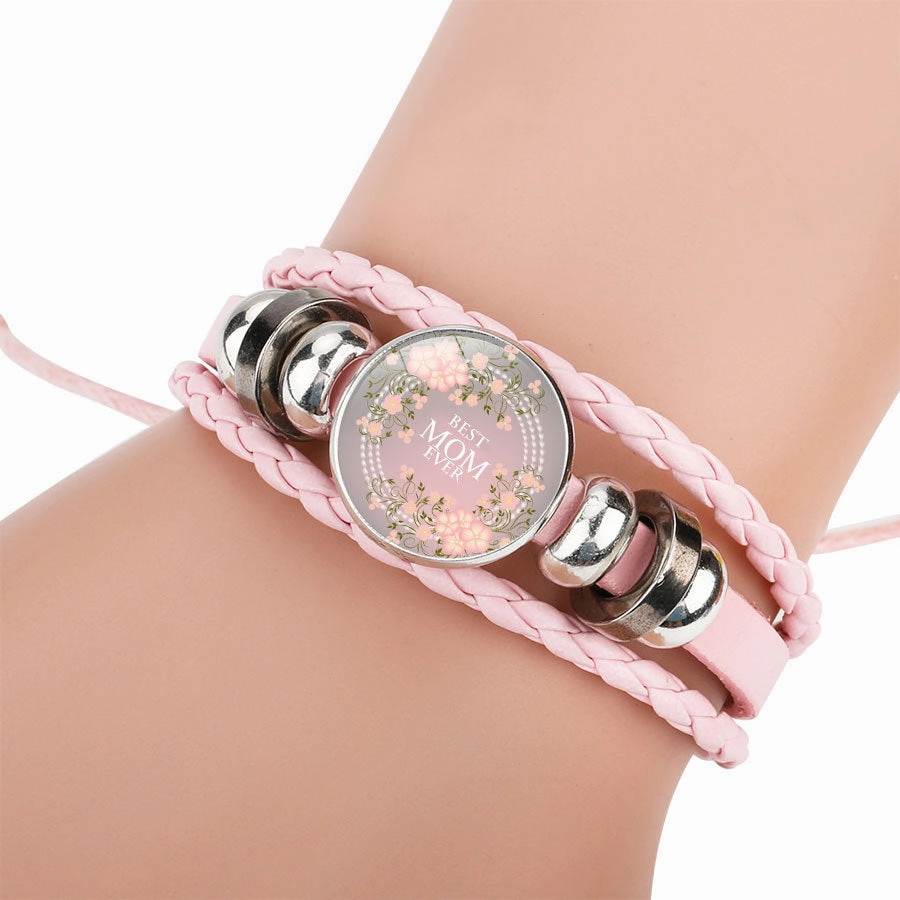 Wholesale MOM Love Handmade Beaded Rope Cowhide Bracelet