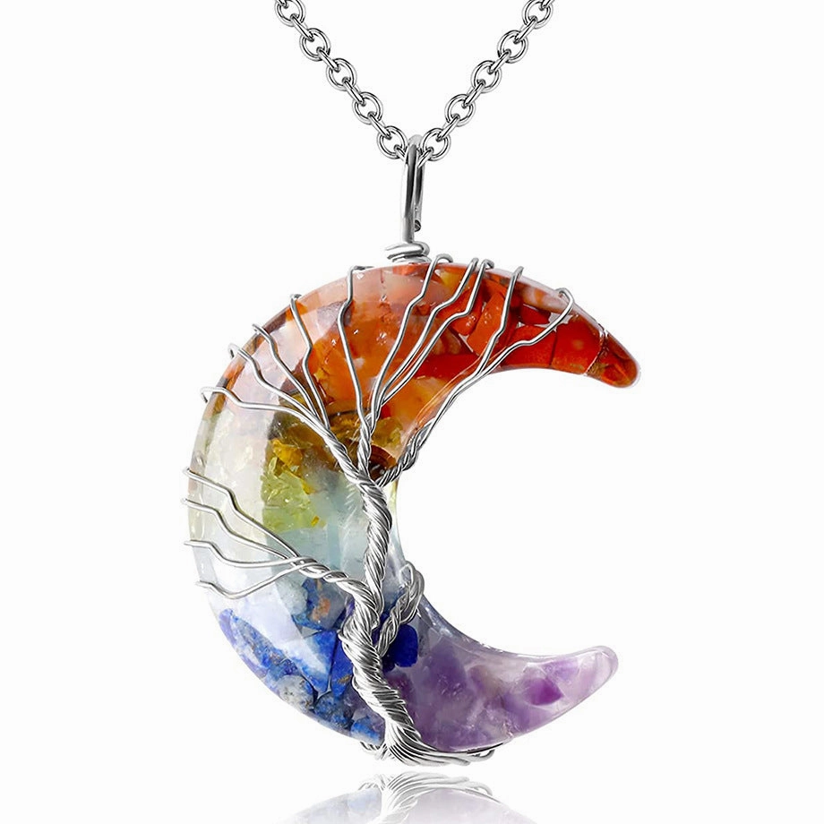 Wholesale Moon Wrap Tree of Life Gravel Pendant Resin Stainless Steel Chain Tooth Necklace