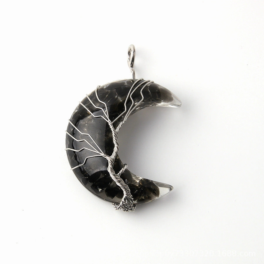 Wholesale Moon Wrap Tree of Life Gravel Pendant Resin Stainless Steel Chain Tooth Necklace