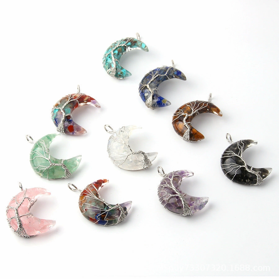 Wholesale Moon Wrap Tree of Life Gravel Pendant Resin Stainless Steel Chain Tooth Necklace