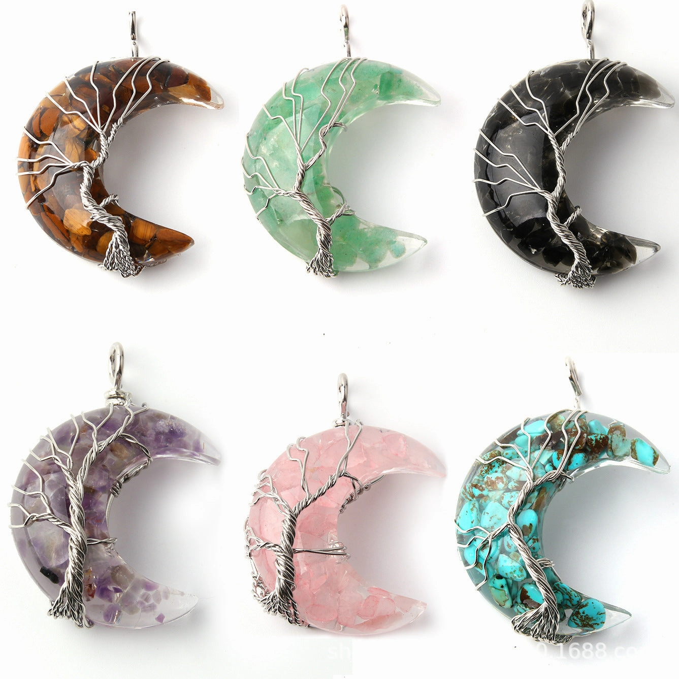 Wholesale Moon Wrap Tree of Life Gravel Pendant Resin Stainless Steel Chain Tooth Necklace