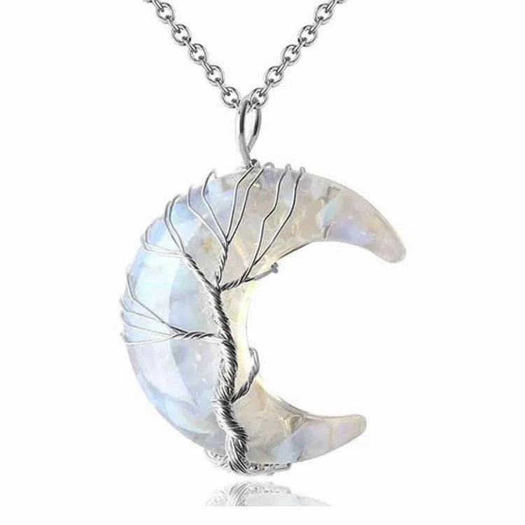 Wholesale Moon Wrap Tree of Life Gravel Pendant Resin Stainless Steel Chain Tooth Necklace