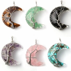 Wholesale Moon Wrap Tree of Life Gravel Pendant Resin Stainless Steel Chain Tooth Necklace