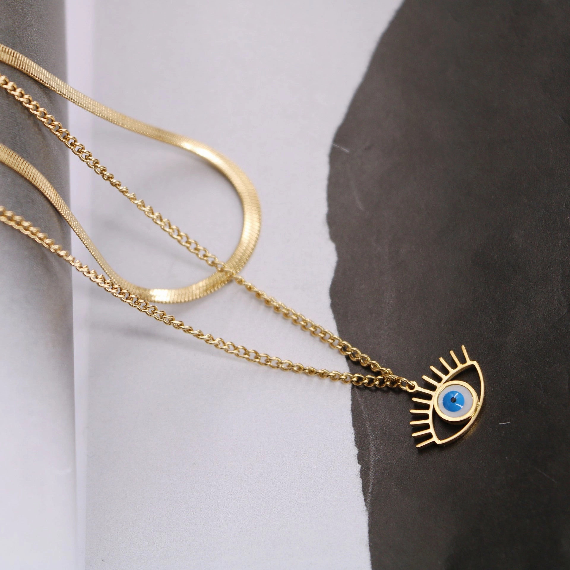 Wholesale Mother Of Fritillary Demon Eye Double Layer Titanium Steel Necklaces