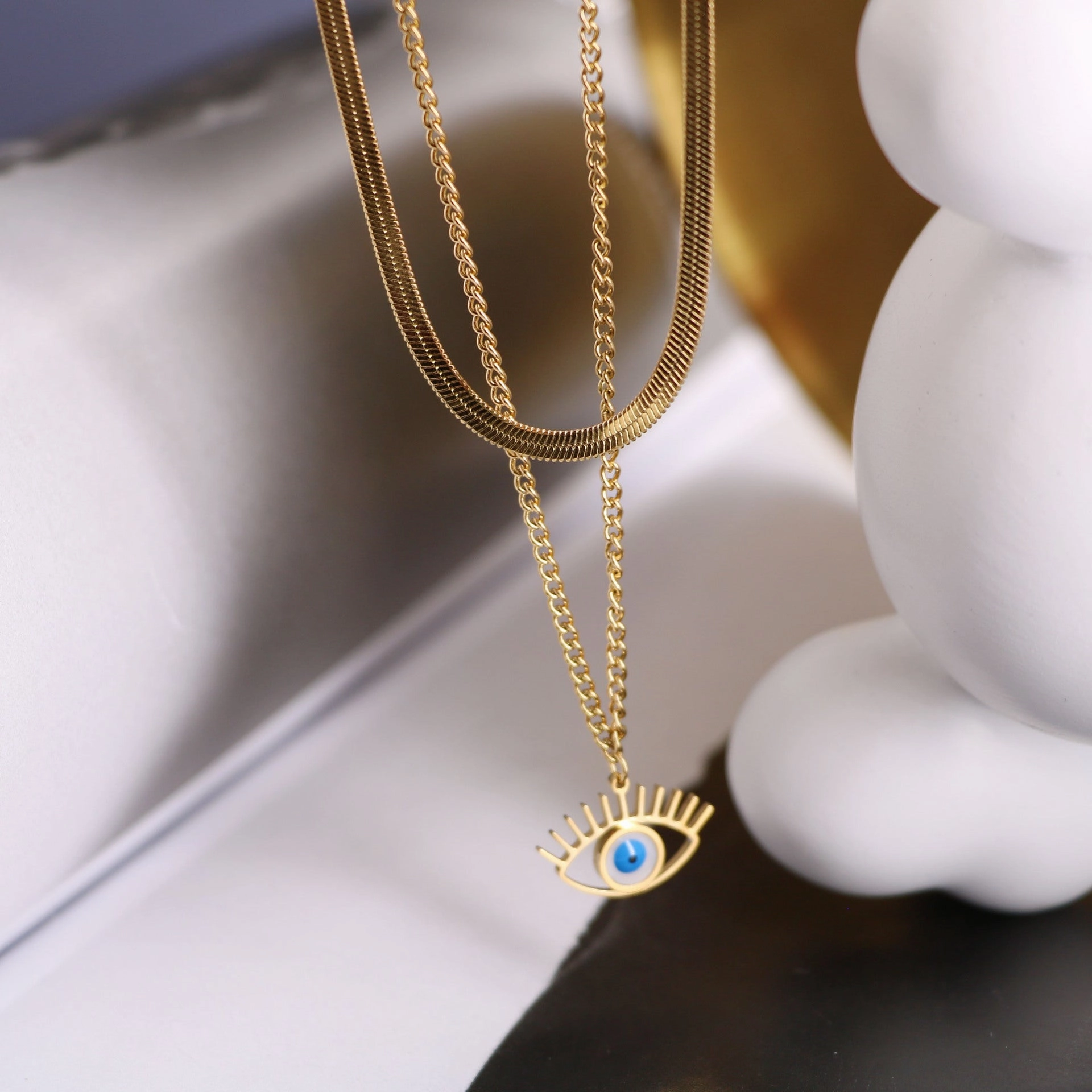 Wholesale Mother Of Fritillary Demon Eye Double Layer Titanium Steel Necklaces