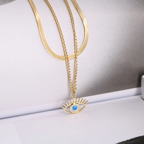 Wholesale Mother Of Fritillary Demon Eye Double Layer Titanium Steel Necklaces