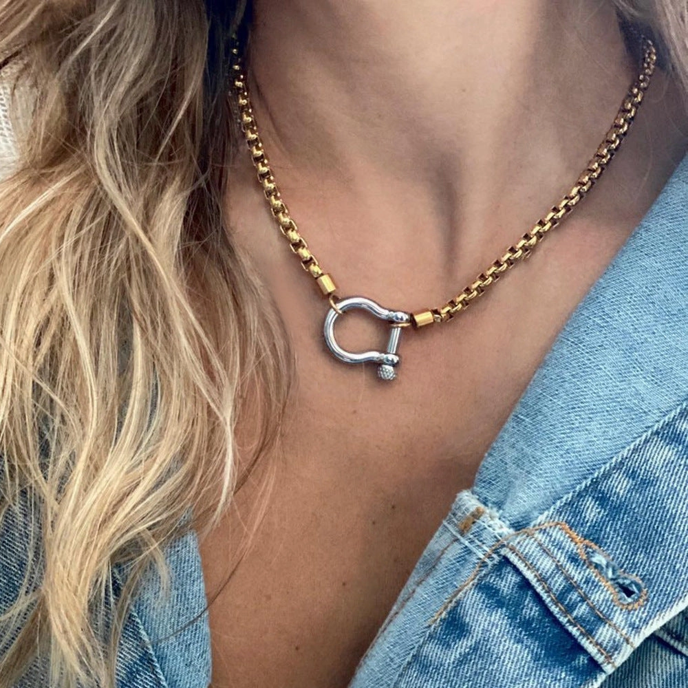Wholesale Mountaineering buckle necklace 18k gold-plated stainless steel box chain necklace for women and men