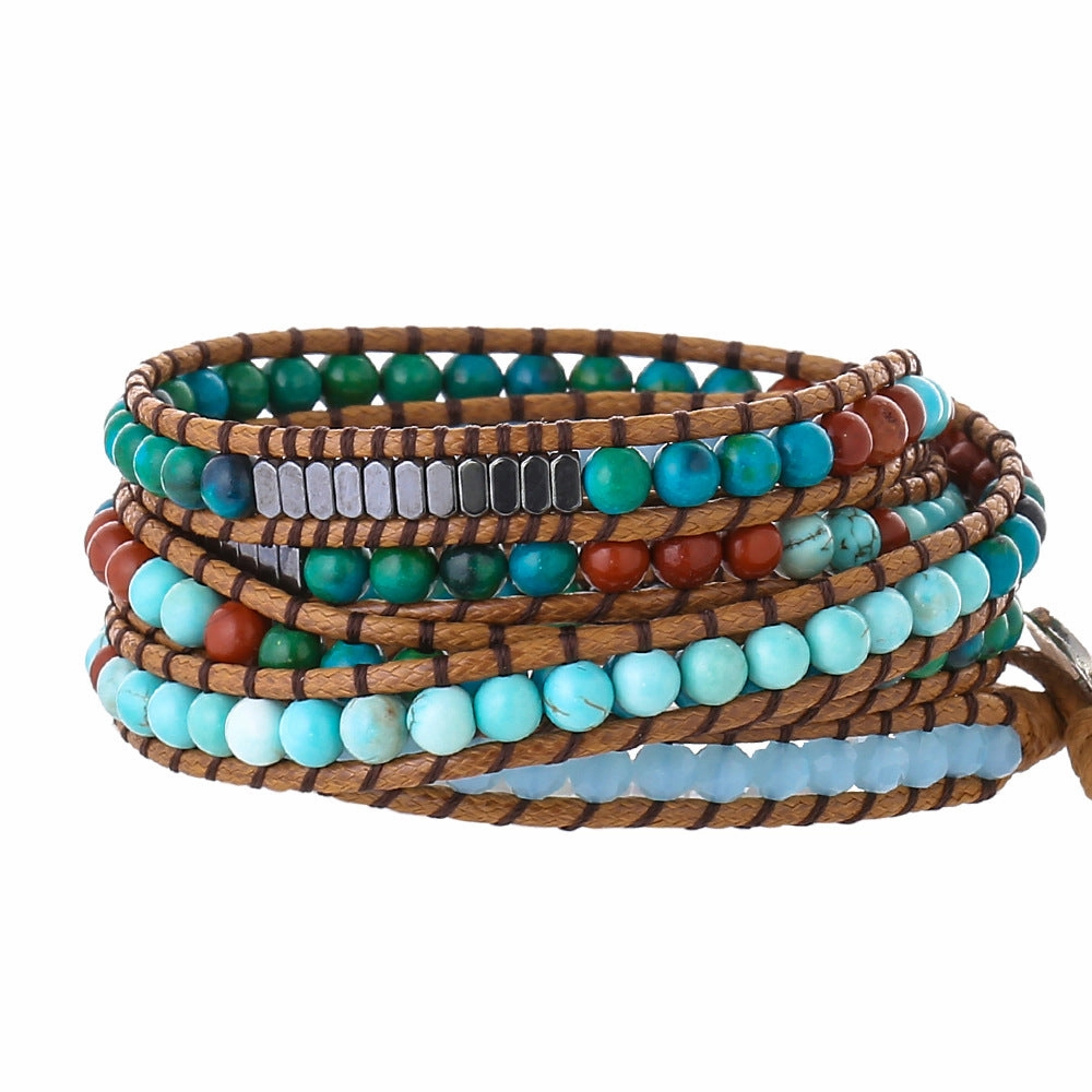 Wholesale Multi-layer Winding Black Cholesteryl Crystal Beads Natural Turquoise Hand-woven Bracelet