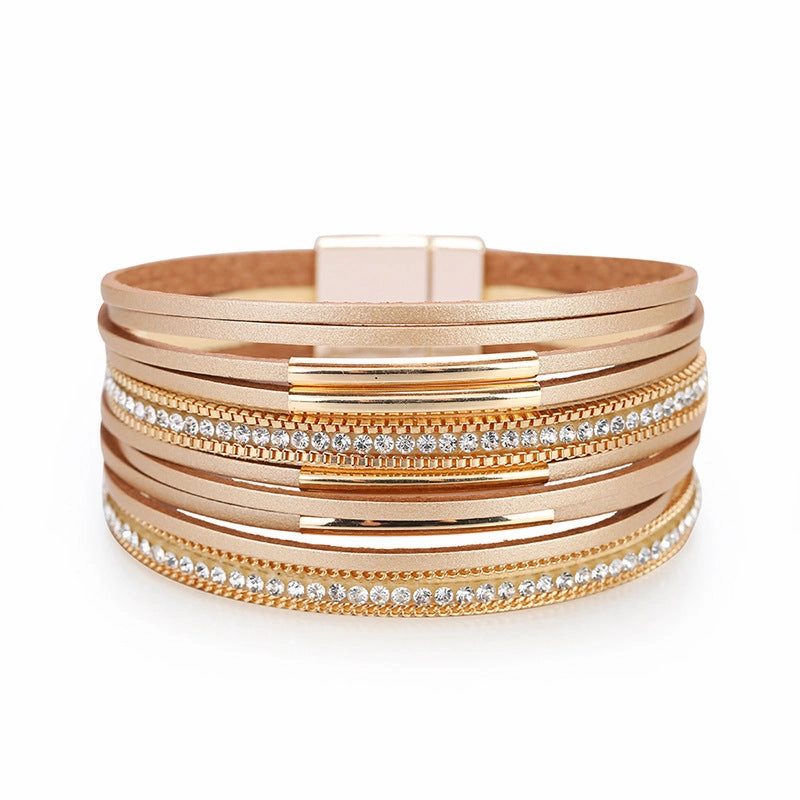 Wholesale Multi-layered Genuine Leather Fine Chain Copper Tube Diamond Bracelet