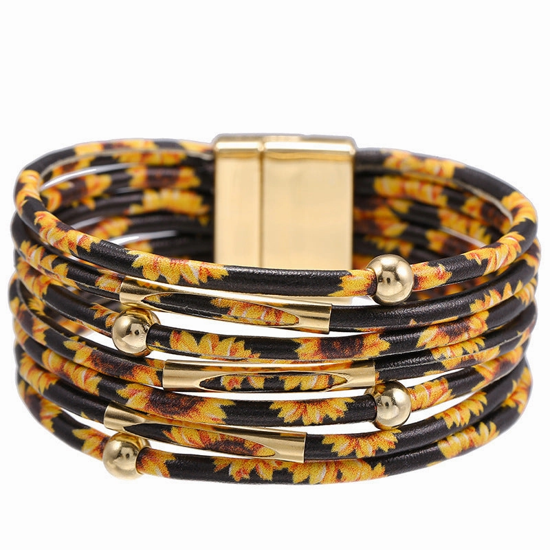 Wholesale Multi-Layered Leather Magnet Buckle Little Daisy Bracelet