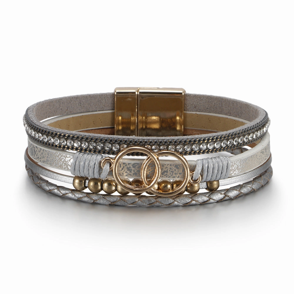 Wholesale Multilayer Braided Leather Double Circle Magnet Buckle Bracelet