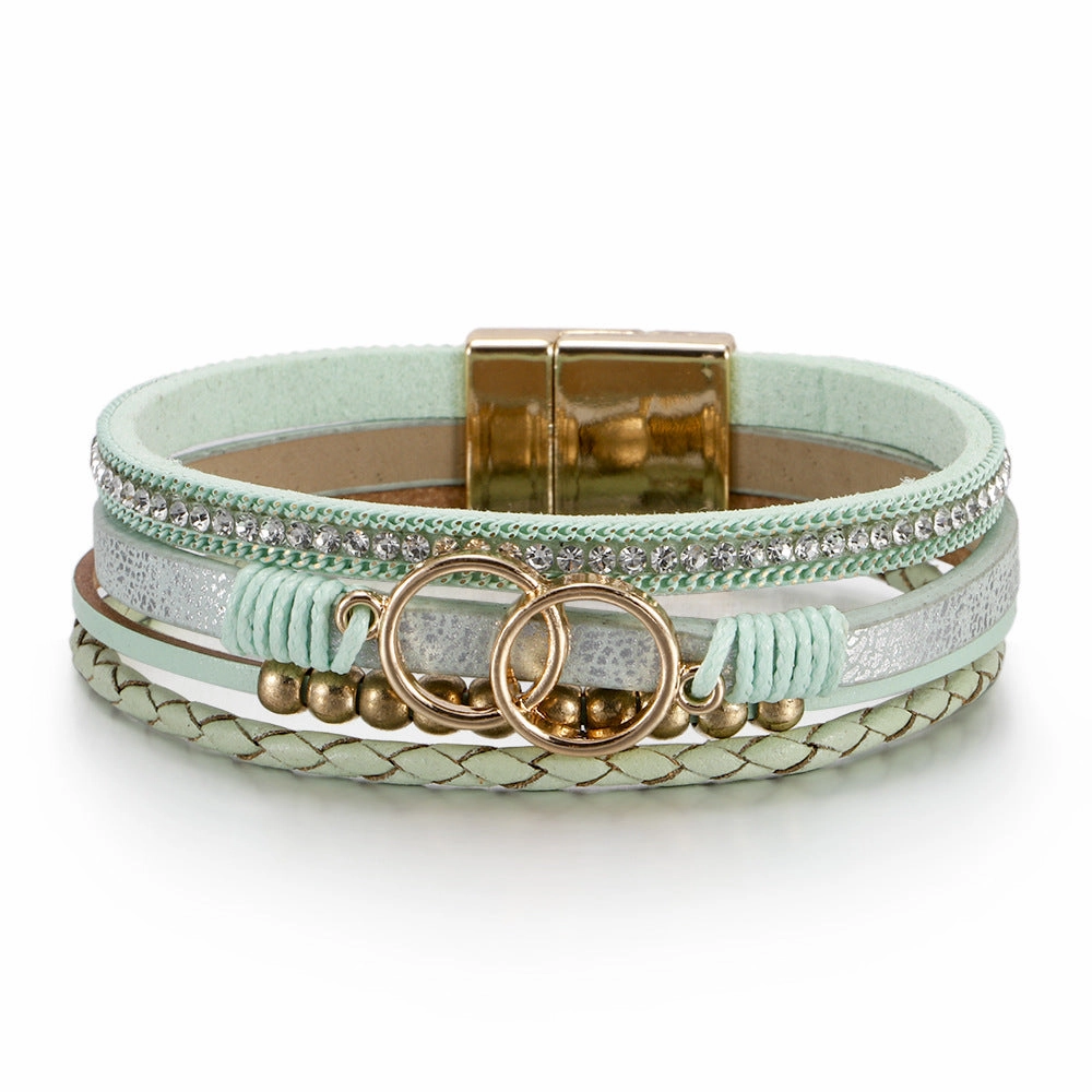 Wholesale Multilayer Braided Leather Double Circle Magnet Buckle Bracelet