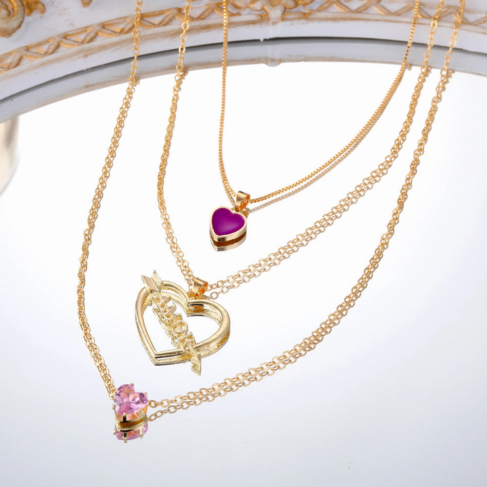 Wholesale Multilayer Pink Heart Diamond Cupid's Arrow Alloy Necklaces