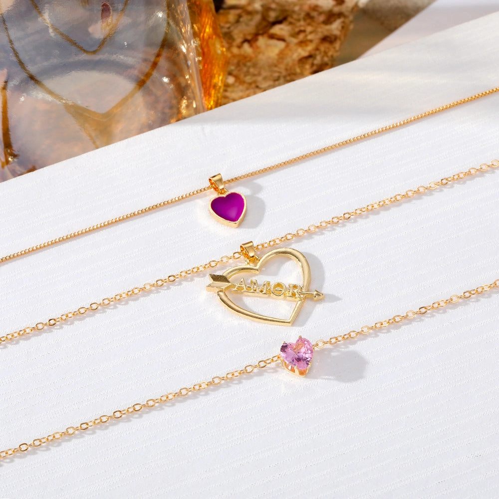 Wholesale Multilayer Pink Heart Diamond Cupid's Arrow Alloy Necklaces
