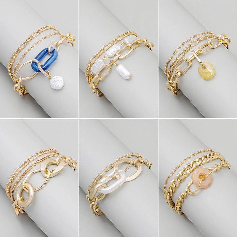Wholesale Multilayer Vintage Chain Pearl Resin Bracelet