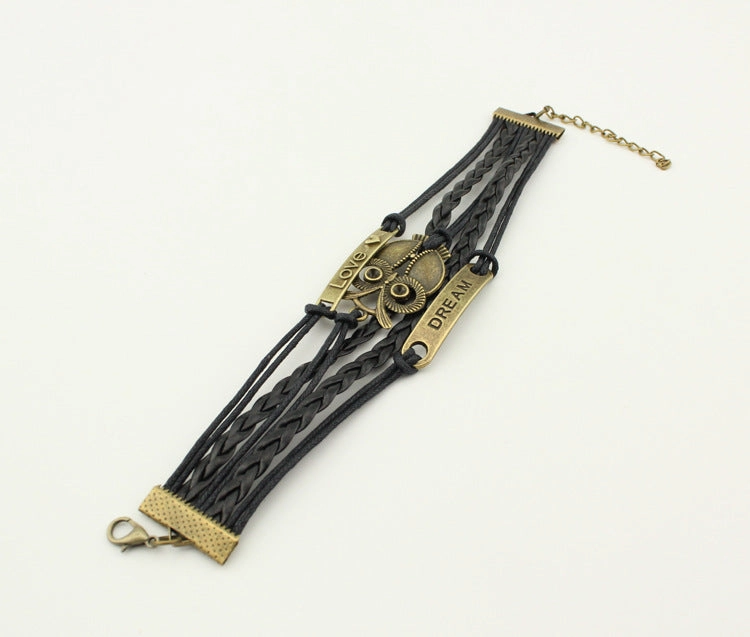 Wholesale Multiple Leather Rope Accessories Braided Big Eyed Owl Bracelet