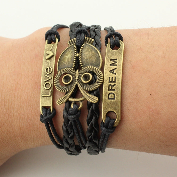 Wholesale Multiple Leather Rope Accessories Braided Big Eyed Owl Bracelet